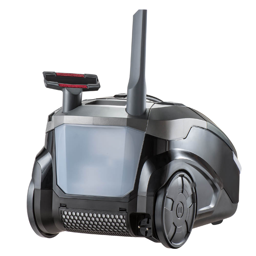 Parkett Master XT, вид ззаду, маленькі насадки закріплені на корпусі Parkett Master XT,вид ззаду. Для зручності прибирання на корпусі закріплені насадки для м'яких меблів та щілин