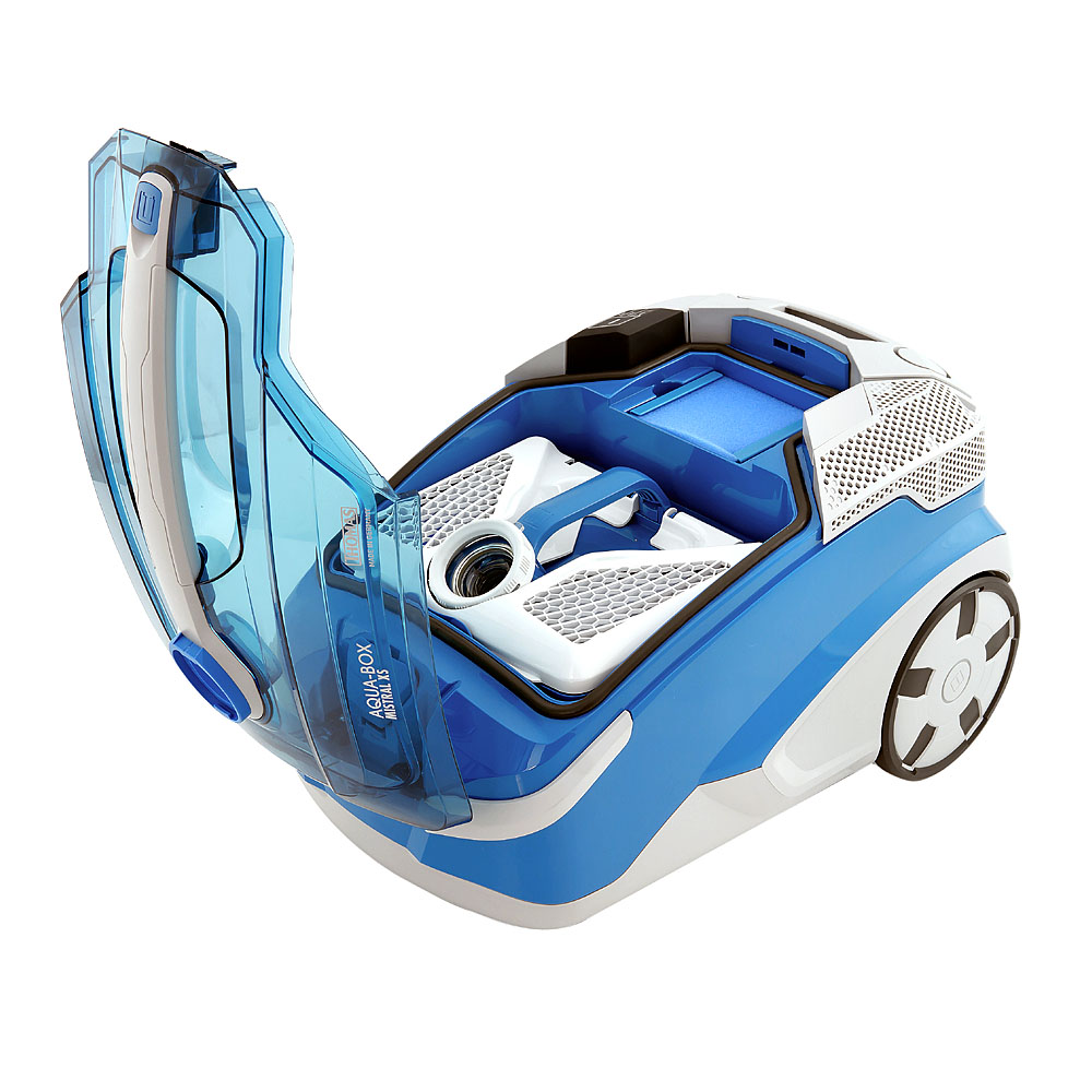 Mistral XS  bagless vacuum cleaner with open lid and AquaBOX water filter