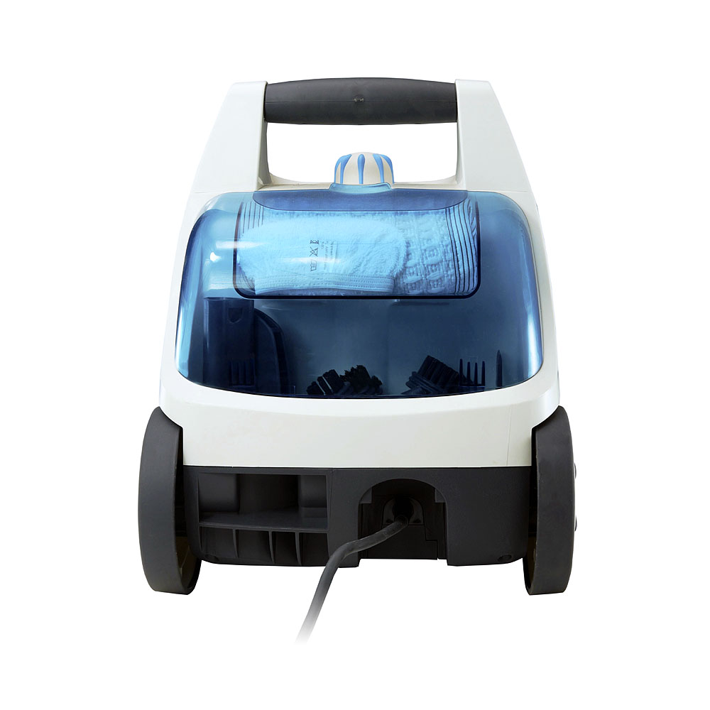 THOMAS Vaporo Buggy steam cleaner, rear view. Accessories are conveniently placed in the appliance body