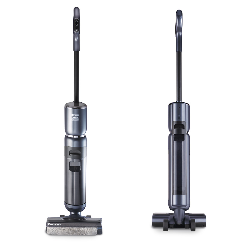 AquaFloorCleaner Cordless Plus, вид спереду та ззаду Акумуляторний мийний пилосос AquaFloorCleaner Cordless Plus, вид спереду та ззаду, стильний та с