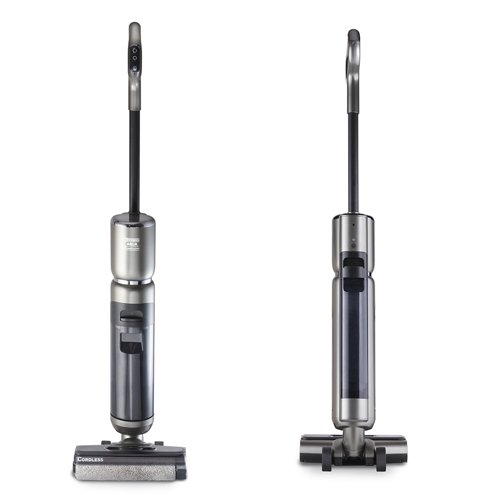 AquaFloorCleaner Cordless, вид спереду та ззаду Акумуляторний мийний пилосос AquaFloorCleaner Cordless, вид спереду та ззаду, стильний та сучасний дизайн